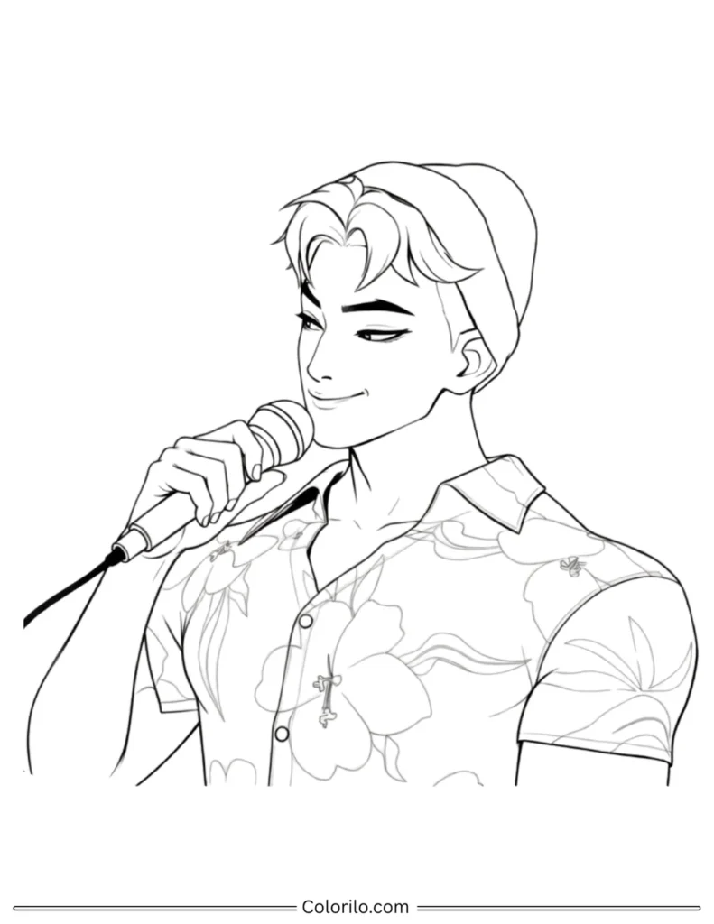 Abby from Saja Boys Kpop Demon Hunters coloring page holding microphone wearing floral shirt