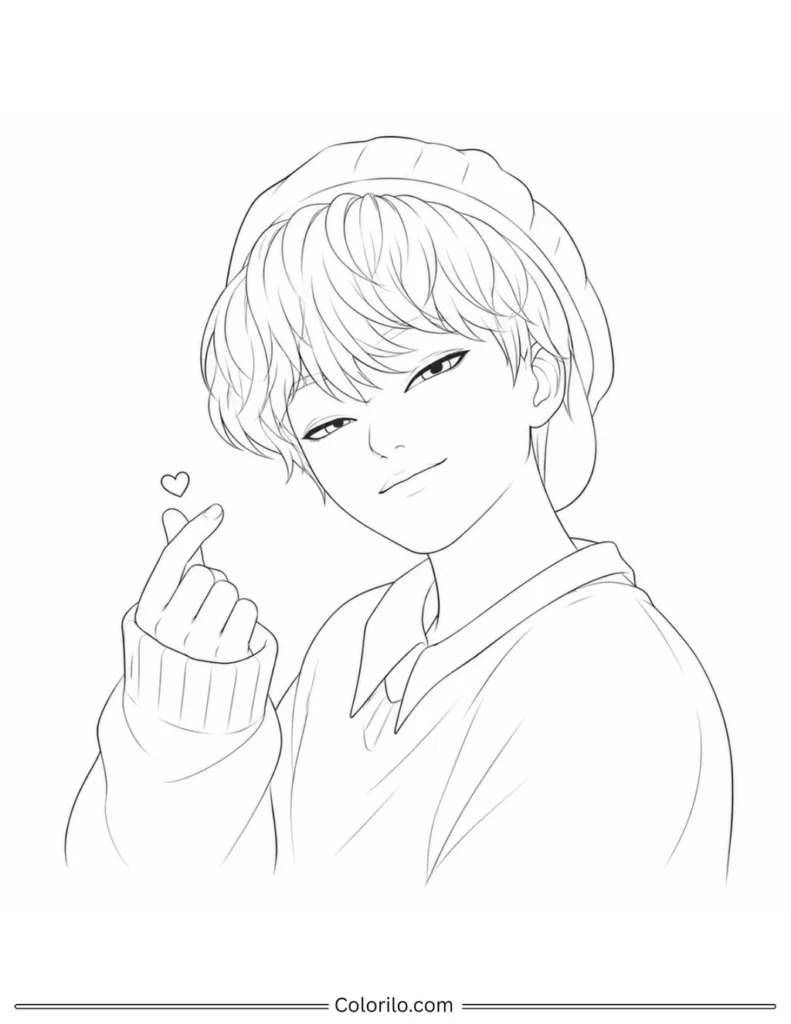 Baby from Saja Boys coloring page making finger heart gesture wearing beanie and sweater