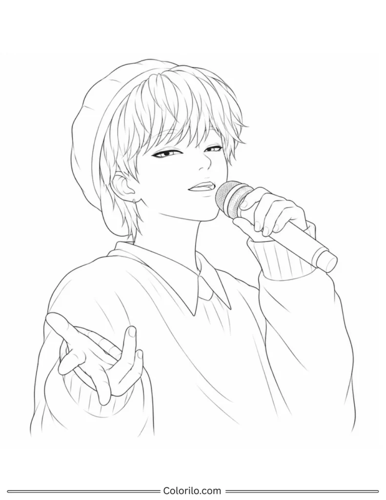 Baby from Saja Boys Kpop Demon Hunters coloring page singing into microphone wearing beanie