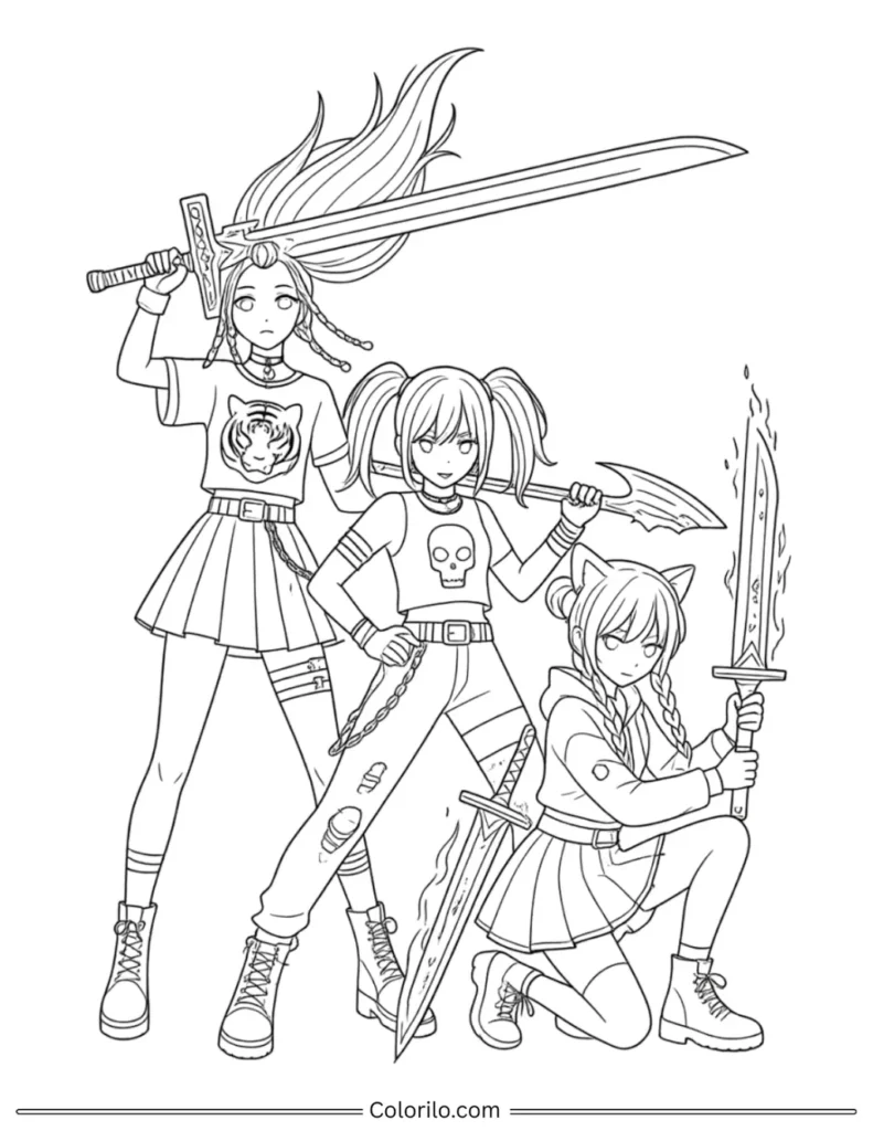 HUNTR/X Kpop Demon Hunters coloring page with Mira Rumi and Zoey holding large flame swords in battle pose