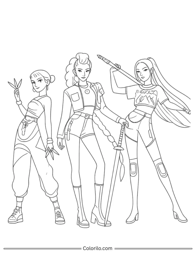 HUNTR/X stylish trio Kpop Demon Hunters coloring page with Mira Rumi and Zoey in modern outfits with weapons