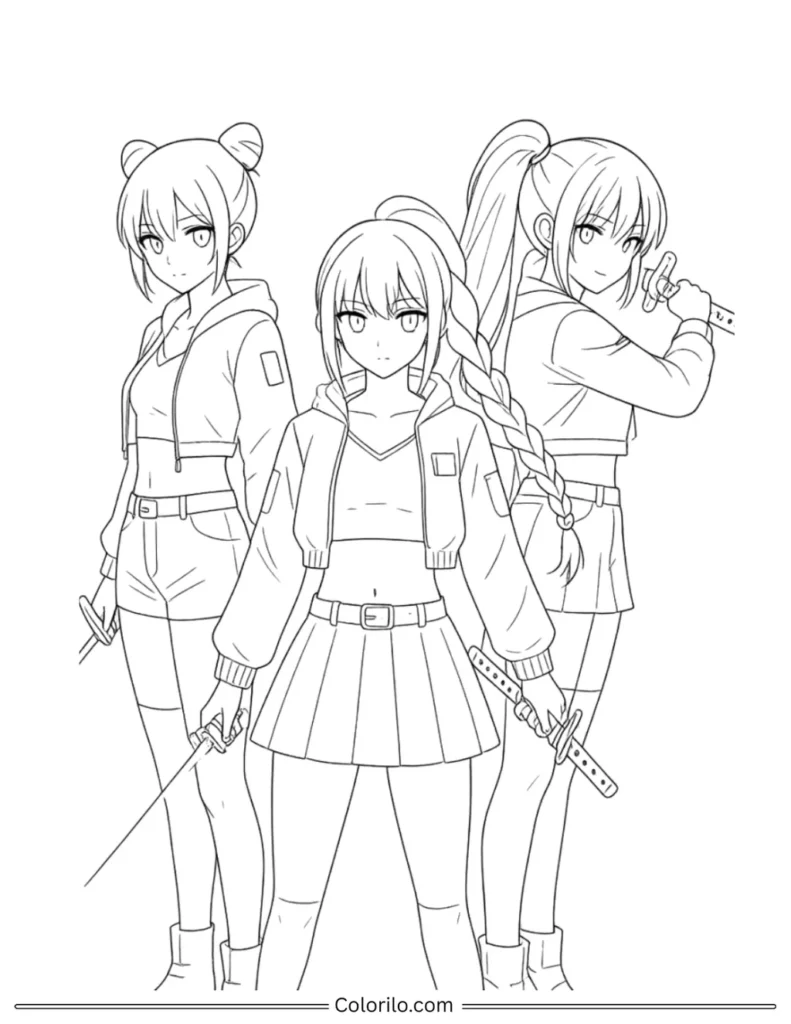 HUNTR/X trio Kpop Demon Hunters coloring page with Mira Rumi and Zoey holding katanas in matching outfits