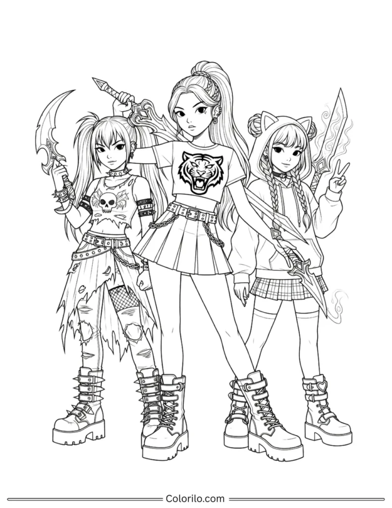 HUNTR/X warriors Kpop Demon Hunters coloring page with Mira Rumi and Zoey holding weapons in punk warrior outfits
