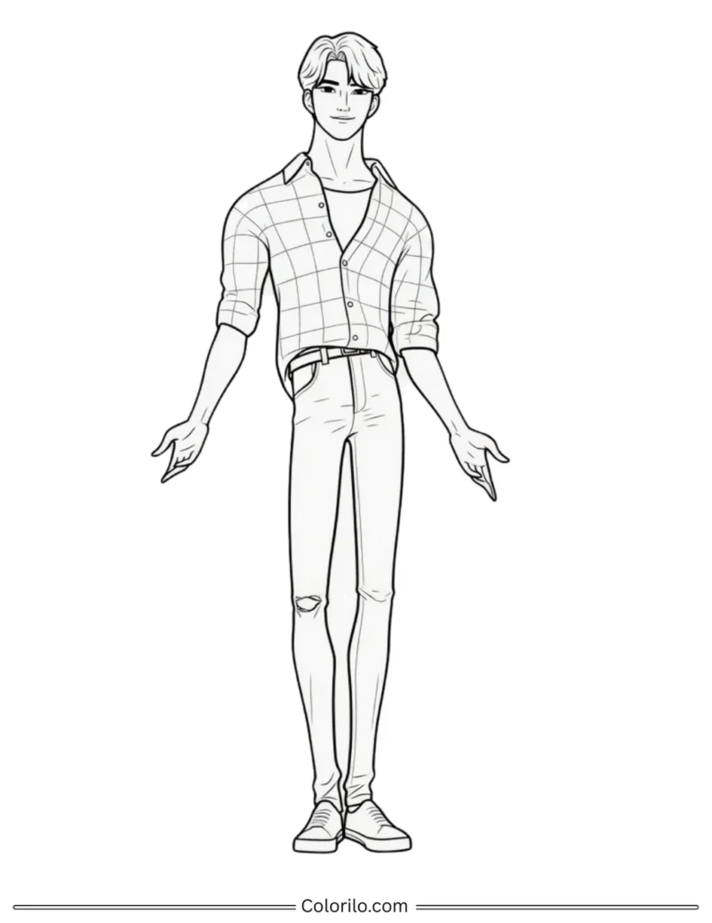 Jinu from Kpop Demon Hunters coloring page wearing plaid shirt and ripped jeans standing solo