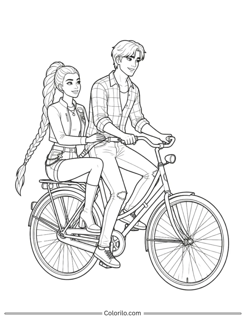Jinu and Rumi from Kpop Demon Hunters coloring page riding a bicycle together with Rumi sitting on the back