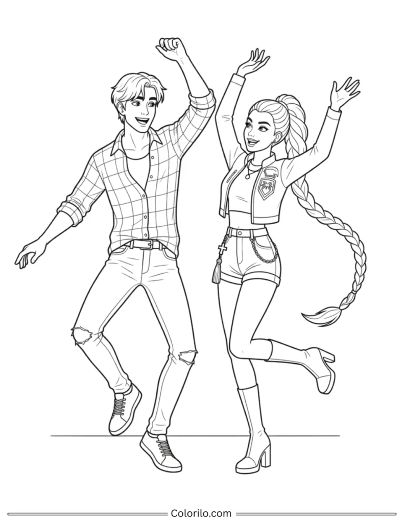 Jinu and Rumi from Kpop Demon Hunters coloring page dancing happily with arms raised