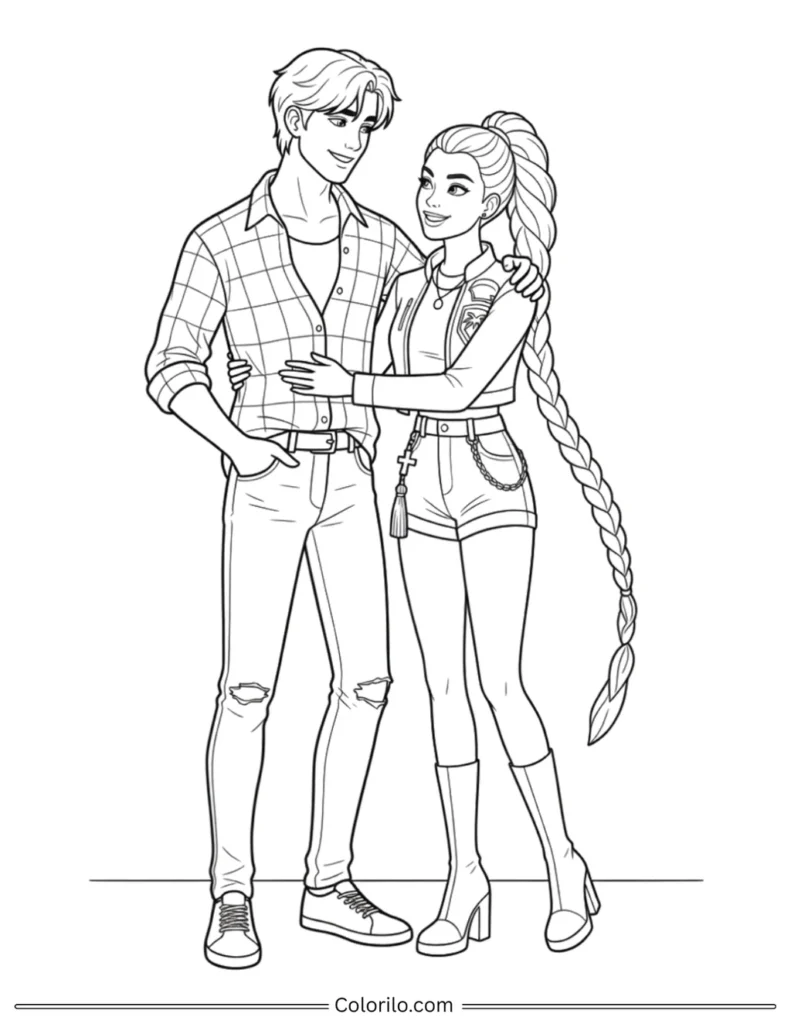 Jinu and Rumi from Kpop Demon Hunters coloring page hugging close with Jinu's arm around Rumi