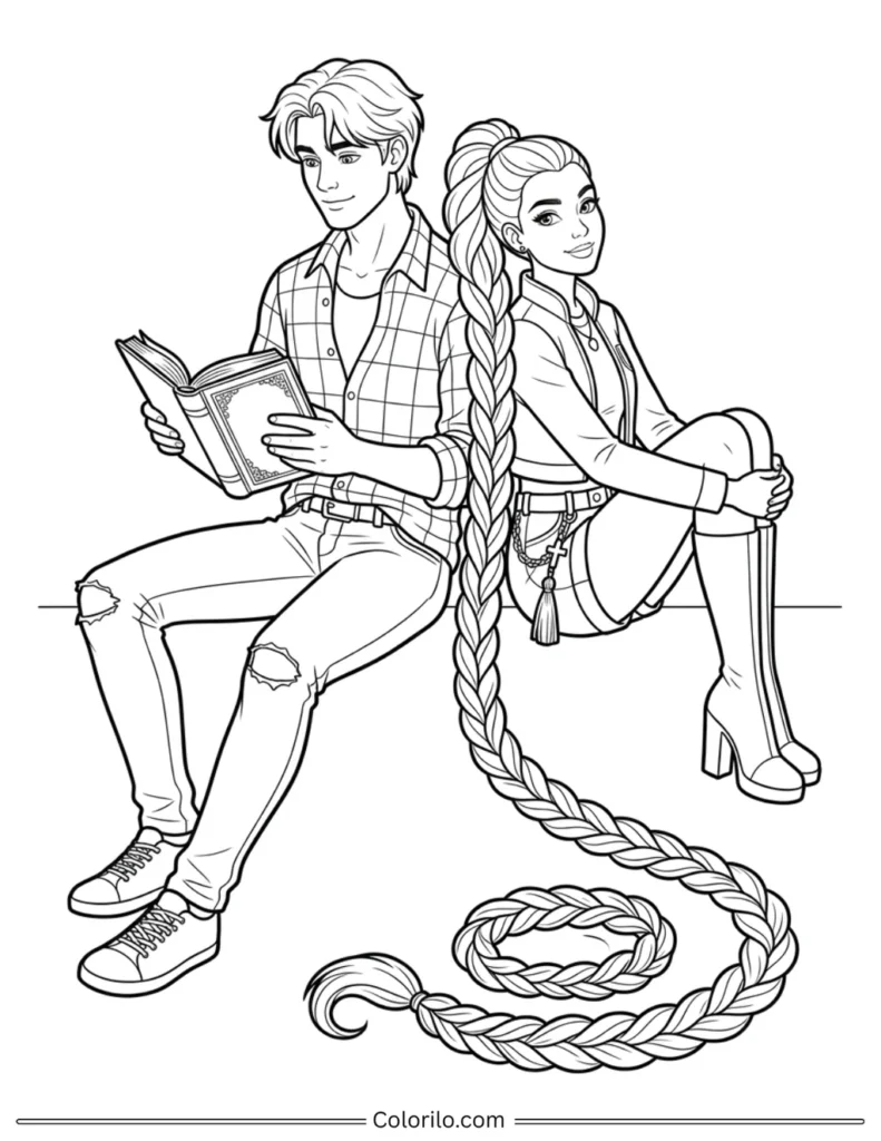 Jinu and Rumi from Kpop Demon Hunters coloring page sitting back to back while Jinu reads a book