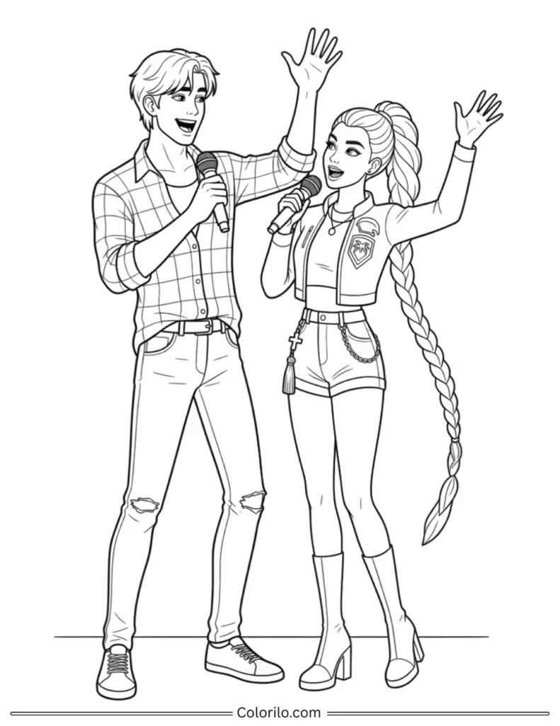 Jinu and Rumi from Kpop Demon Hunters coloring page holding microphones singing together on stage