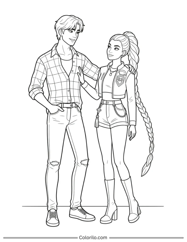 Jinu and Rumi from Kpop Demon Hunters coloring page standing together with Rumi's long braid visible