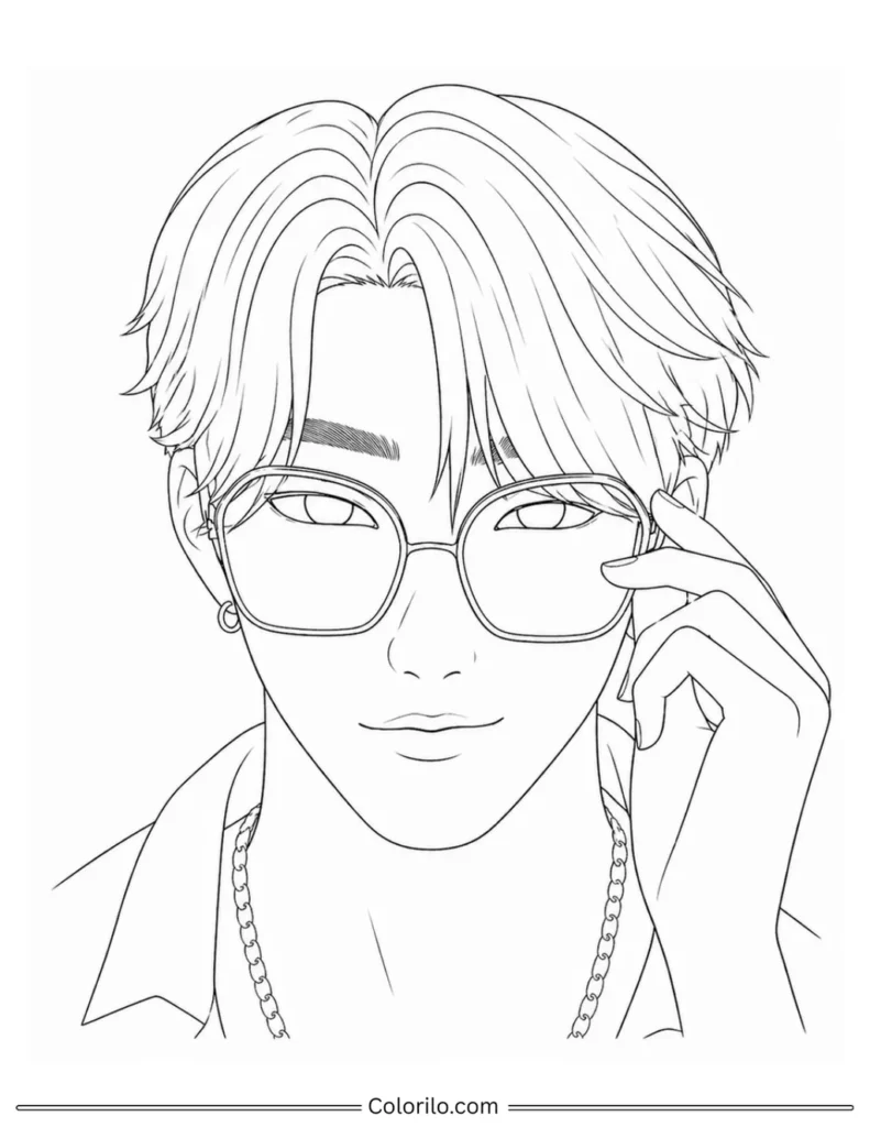 Jinu from Saja Boys Kpop Demon Hunters coloring page adjusting his glasses with chain necklace