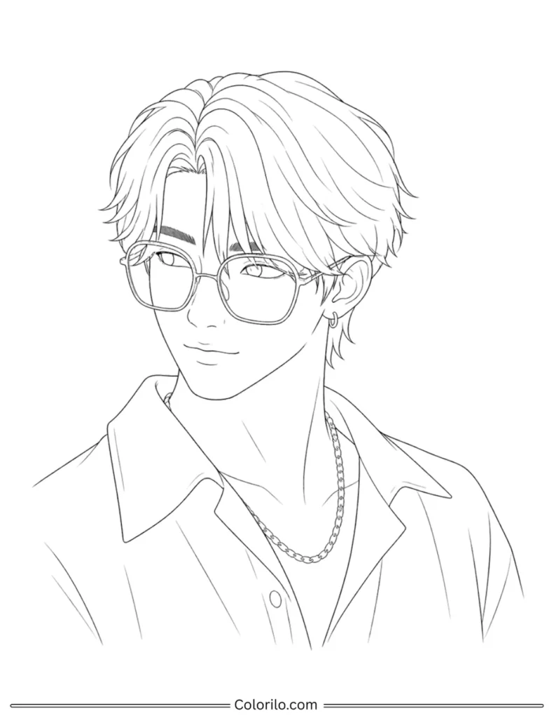 Jinu from Saja Boys coloring page portrait wearing glasses and chain necklace