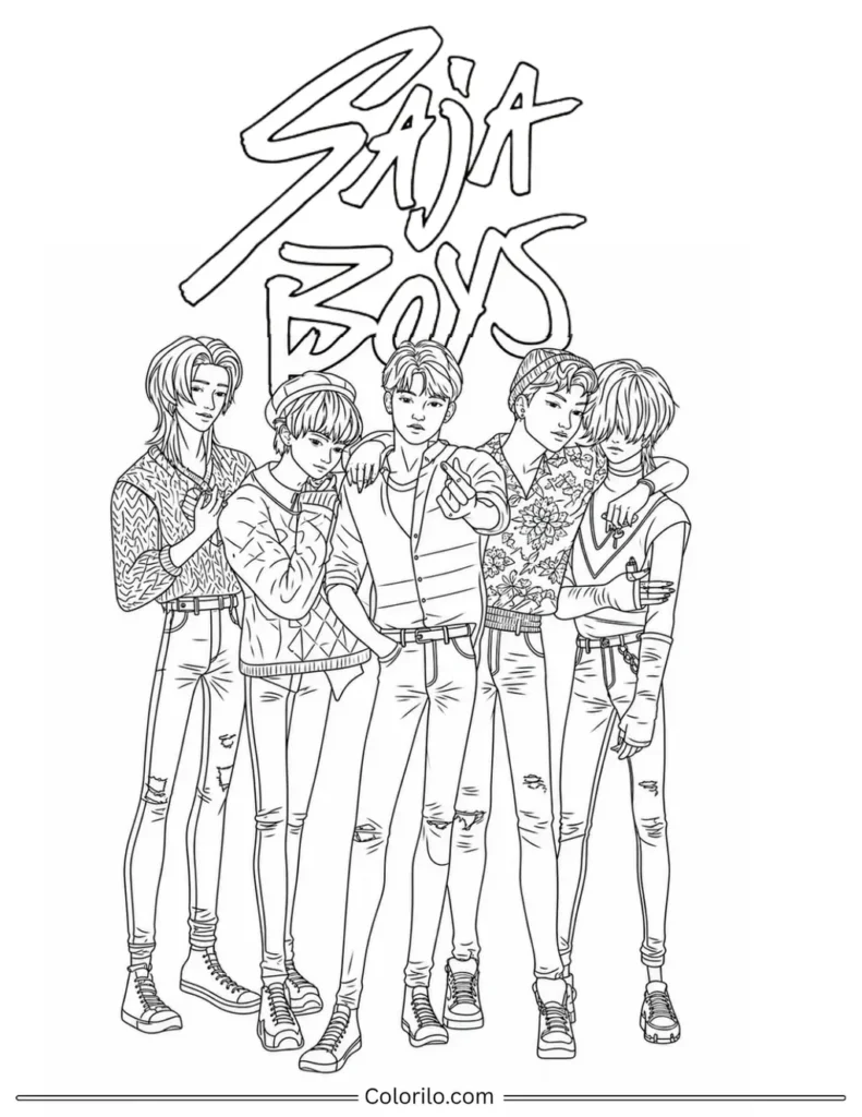 Saja Boys Kpop Demon Hunters coloring page with all five members standing together under the Saja Boys logo