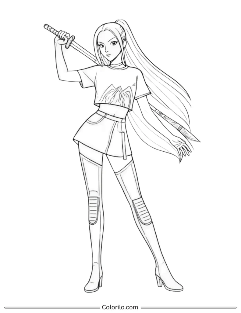 Mira from HUNTR/X Kpop Demon Hunters coloring page holding katana over her shoulder with long ponytail