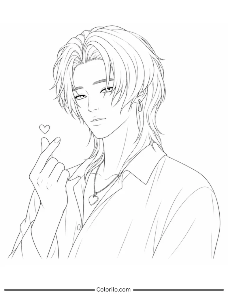 Romance from Saja Boys coloring page making finger heart gesture with heart necklace