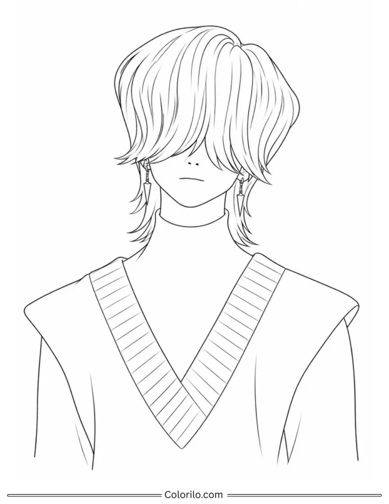 Mystery from Saja Boys Kpop Demon Hunters coloring page with long hair and heart pendant necklace