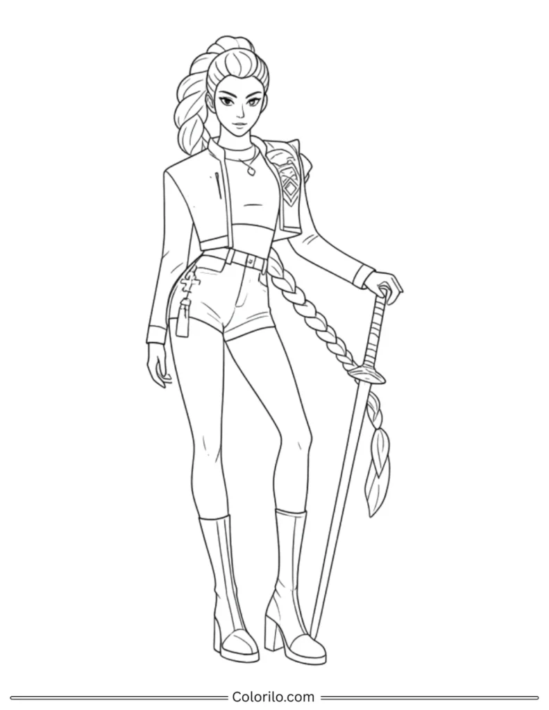 Rumi from HUNTR/X Kpop Demon Hunters coloring page with cropped jacket and braided sword