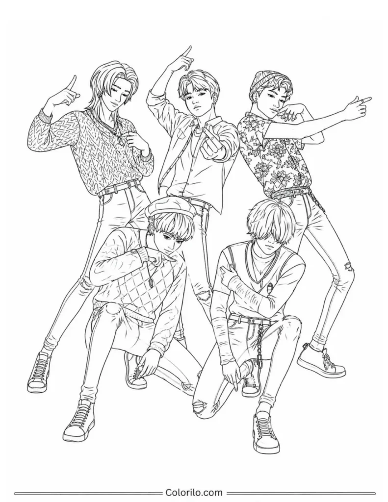 Saja Boys coloring page with all five members in dynamic dance poses pointing fingers up