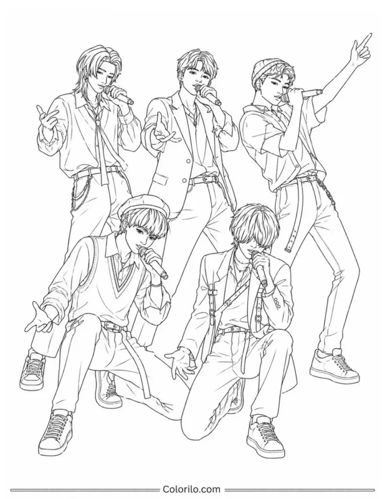 Saja Boys coloring page with all five members performing on stage holding microphones