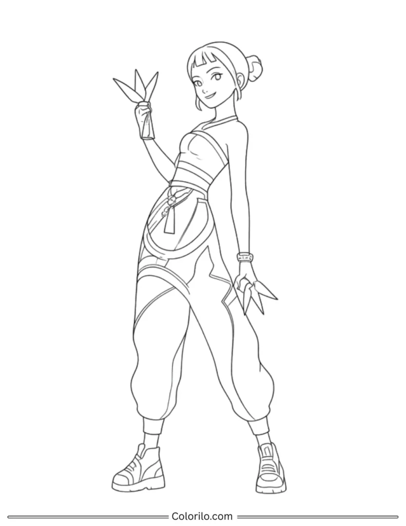 Zoey from HUNTR/X Kpop Demon Hunters coloring page holding shurikens with hair bun and ninja outfit
