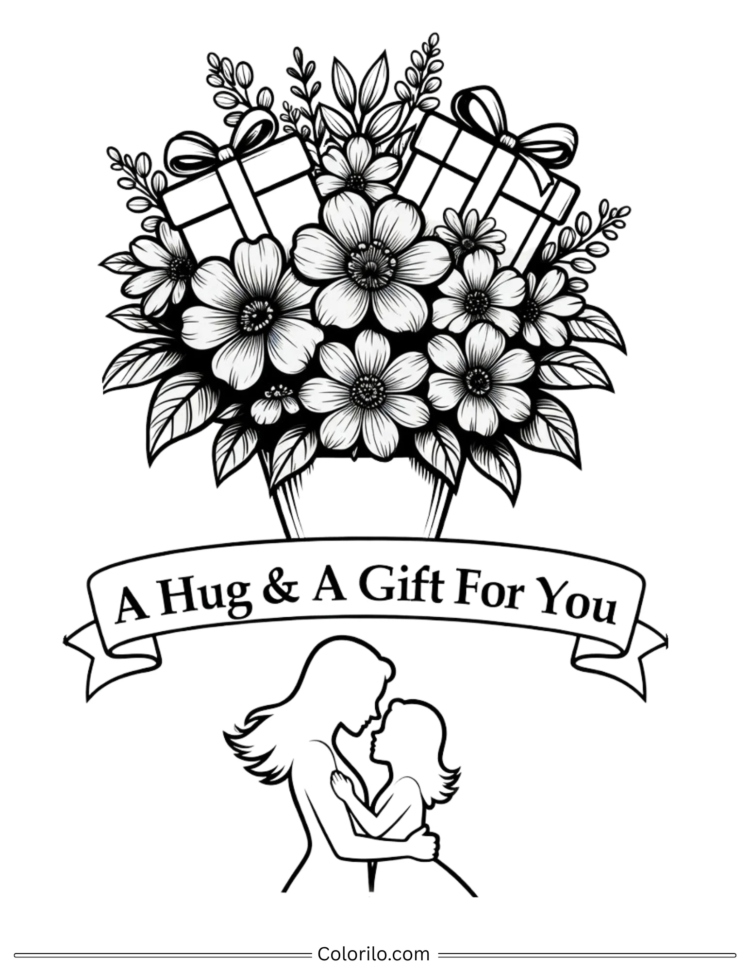 A Hug and A Gift For Mom mother and daughter coloring page