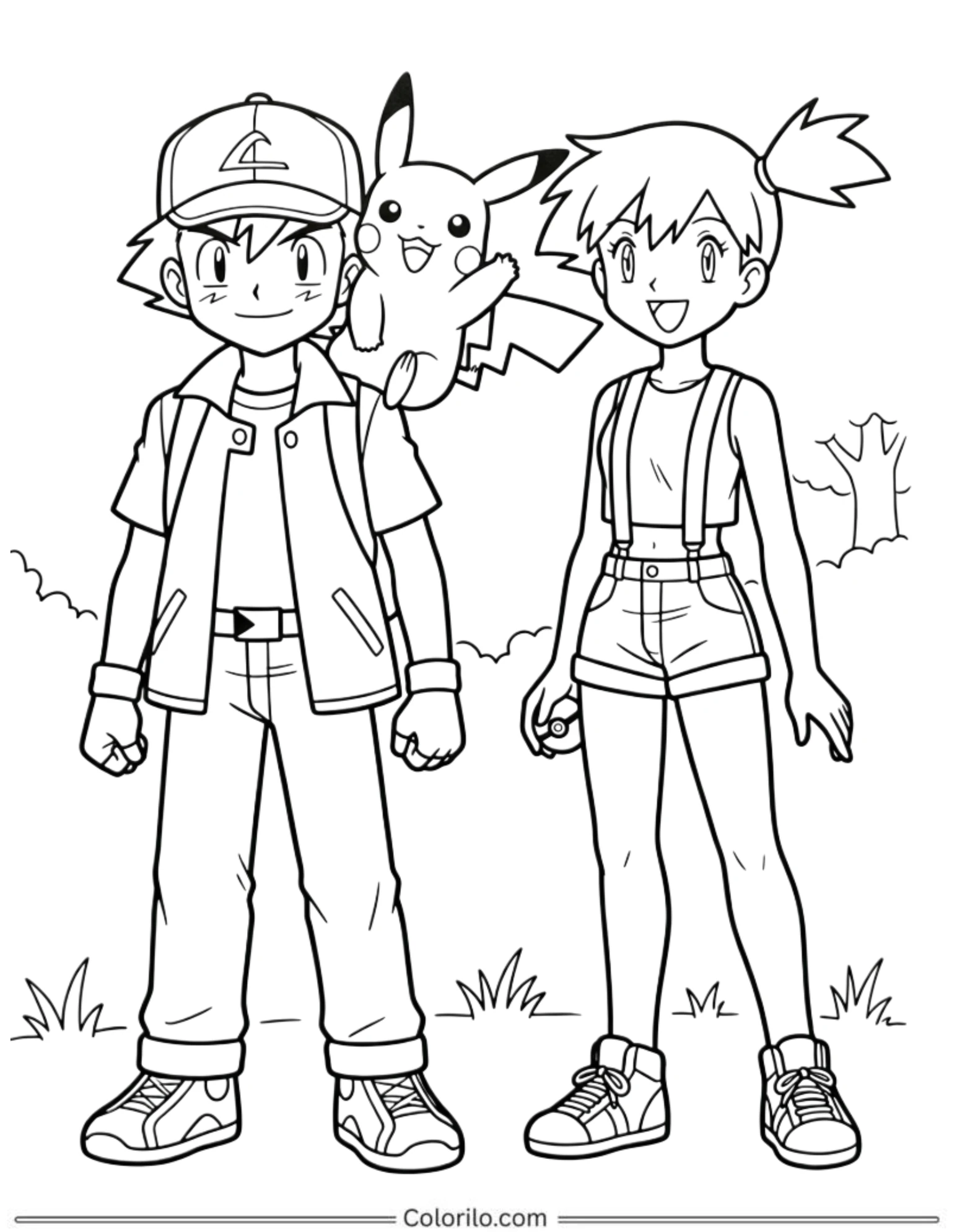 Ash and Misty with Pikachu coloring page