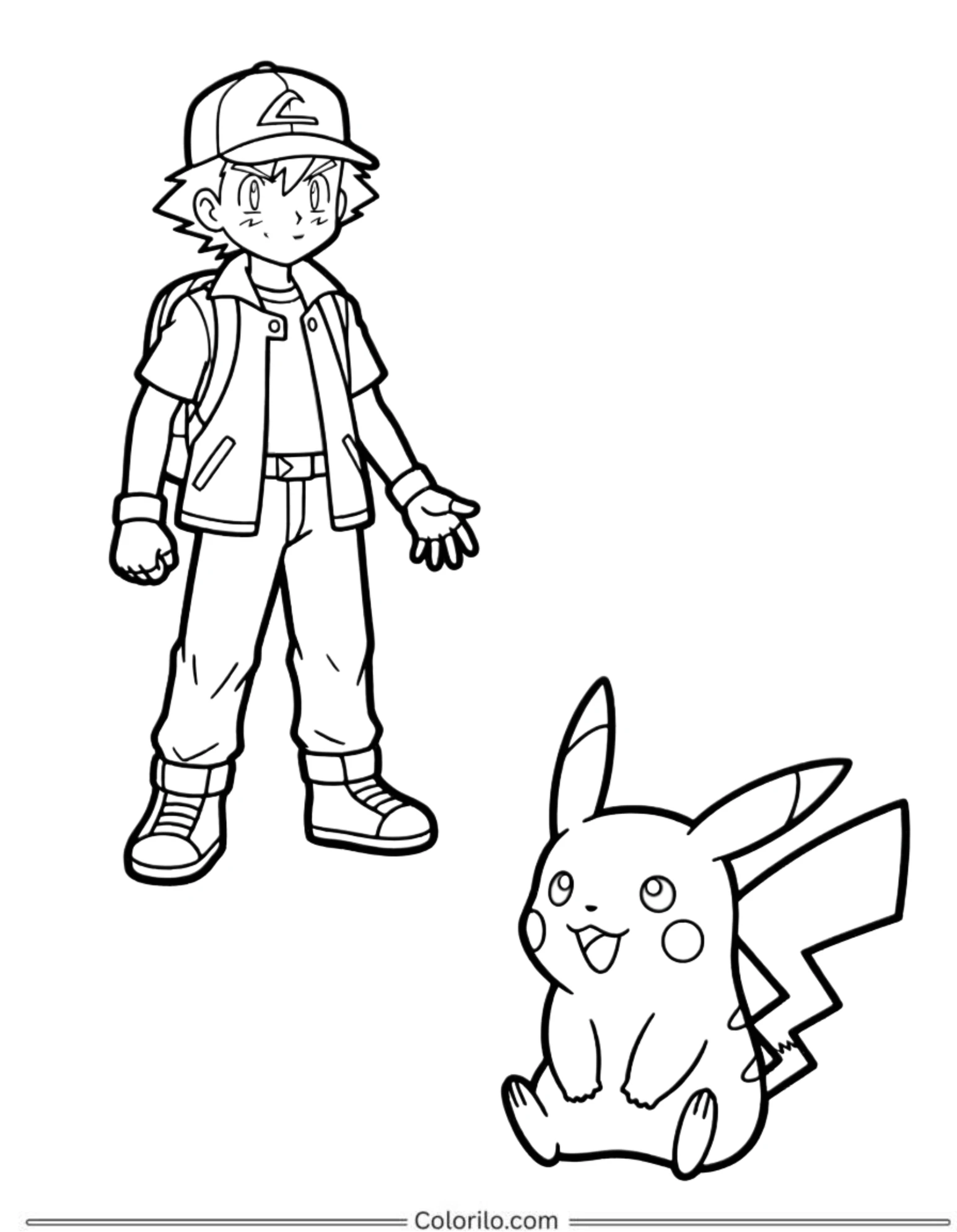 Ash and Pikachu standing together coloring page