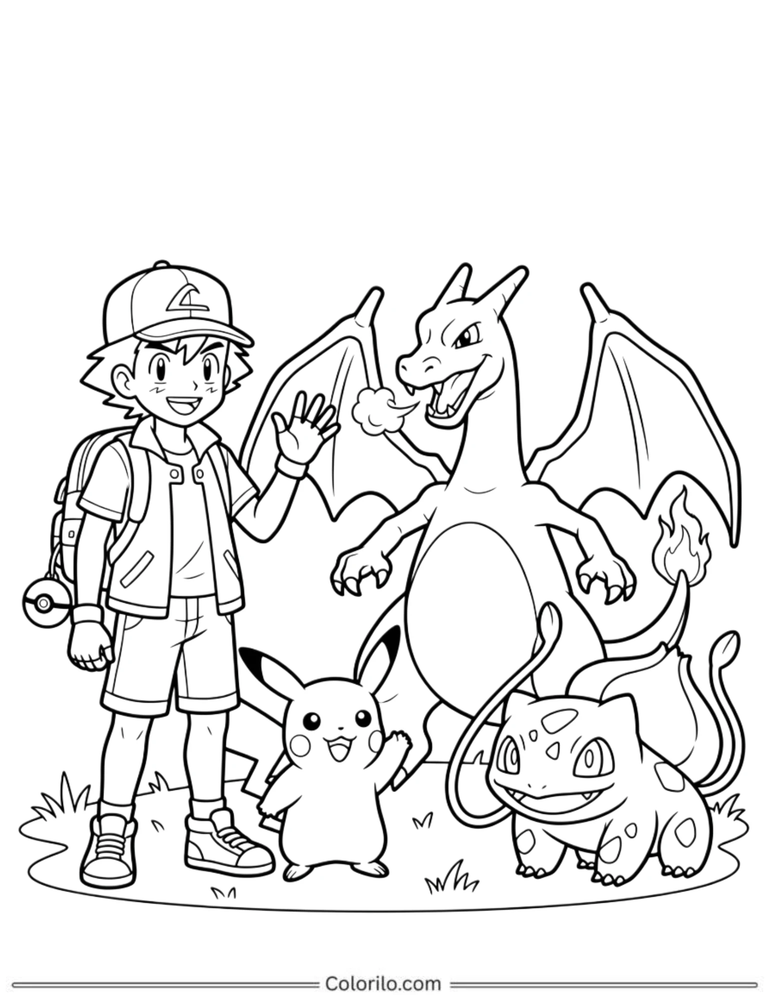 Ash with Charizard Pikachu and Bulbasaur coloring page