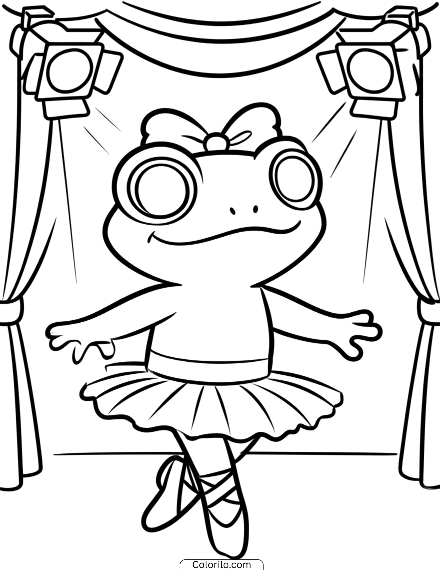 Ballerina frog on stage with tutu coloring page