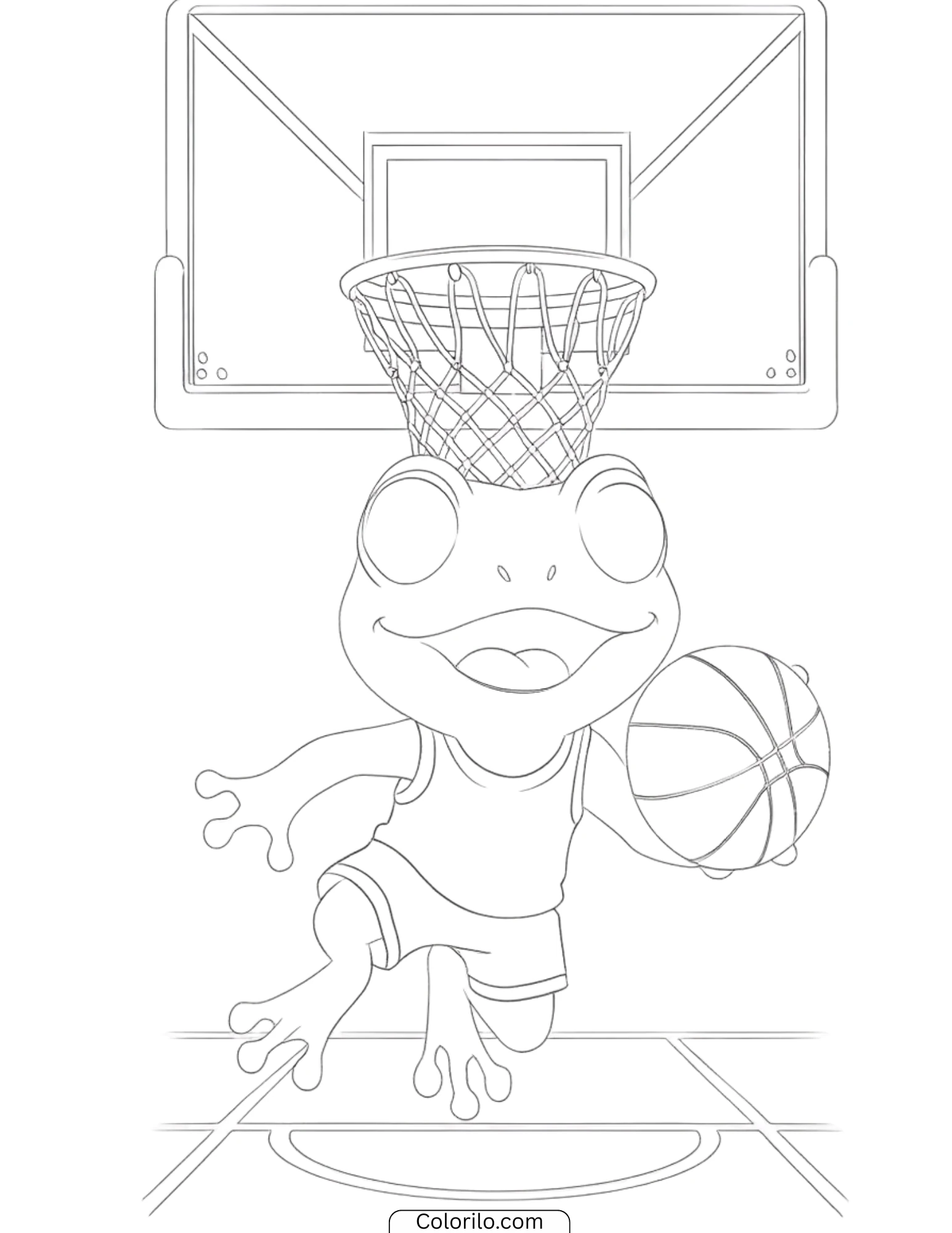 Basketball frog dunking ball coloring page