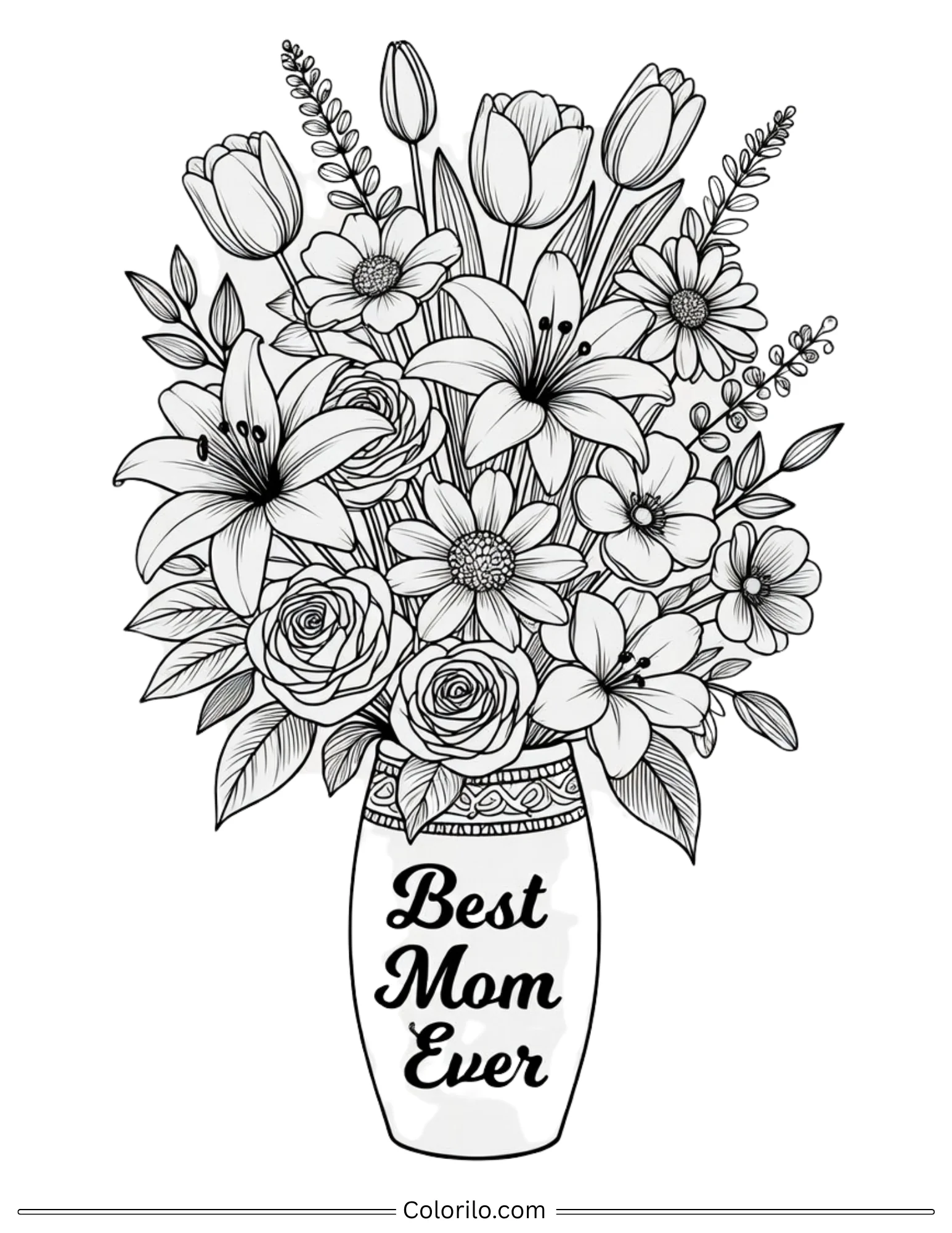Best Mom Ever floral vase coloring page for adults