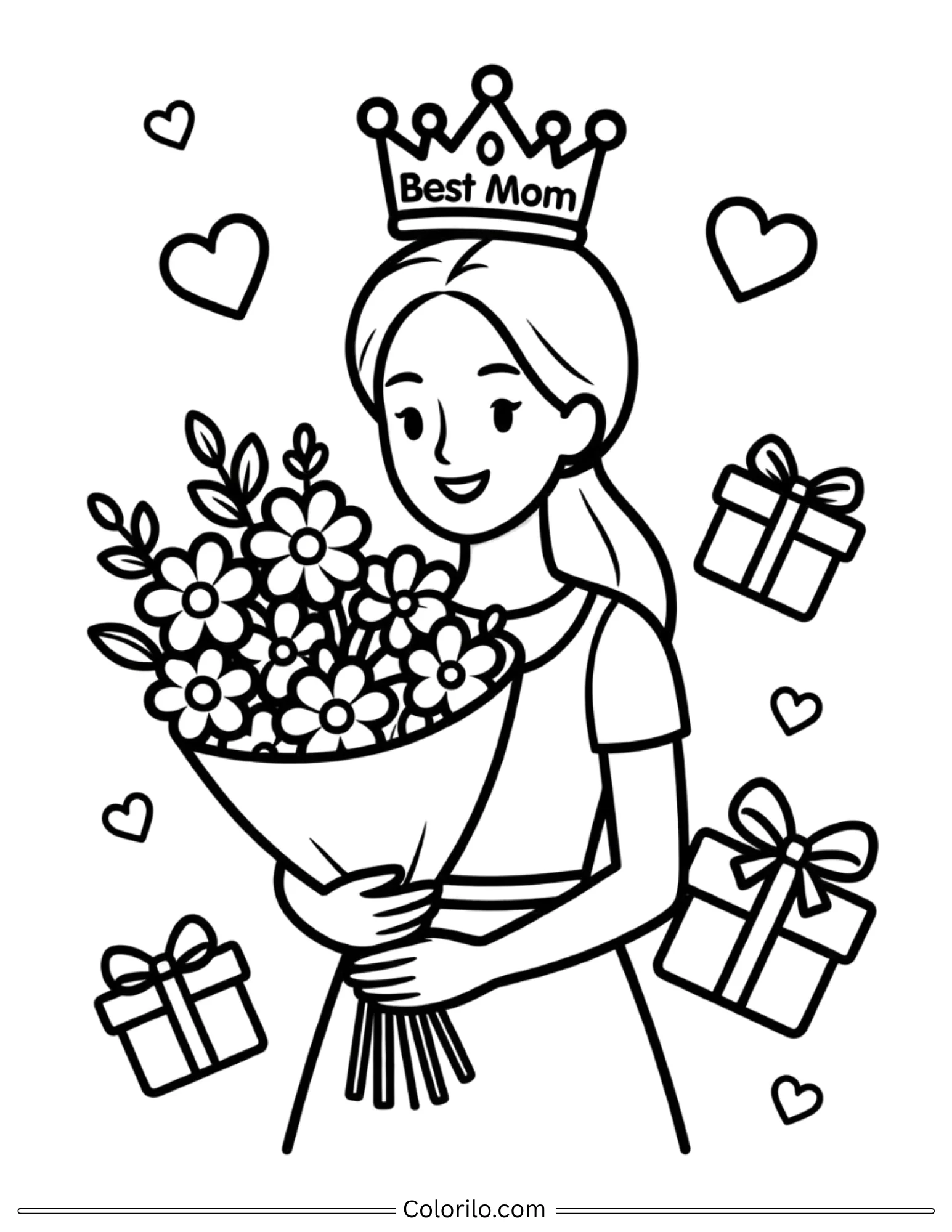 Best Mom with flower bouquet and gifts coloring page