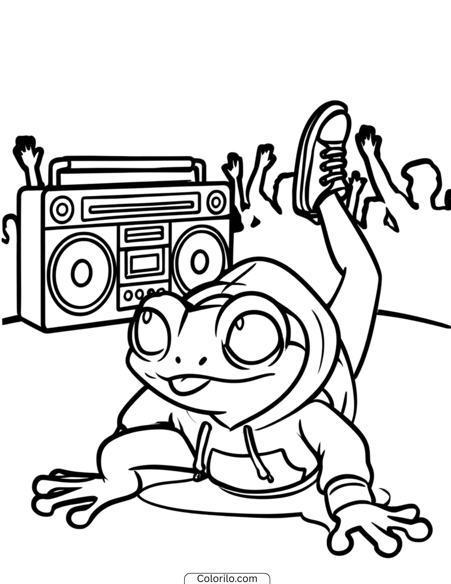 Breakdancing frog with boombox coloring page