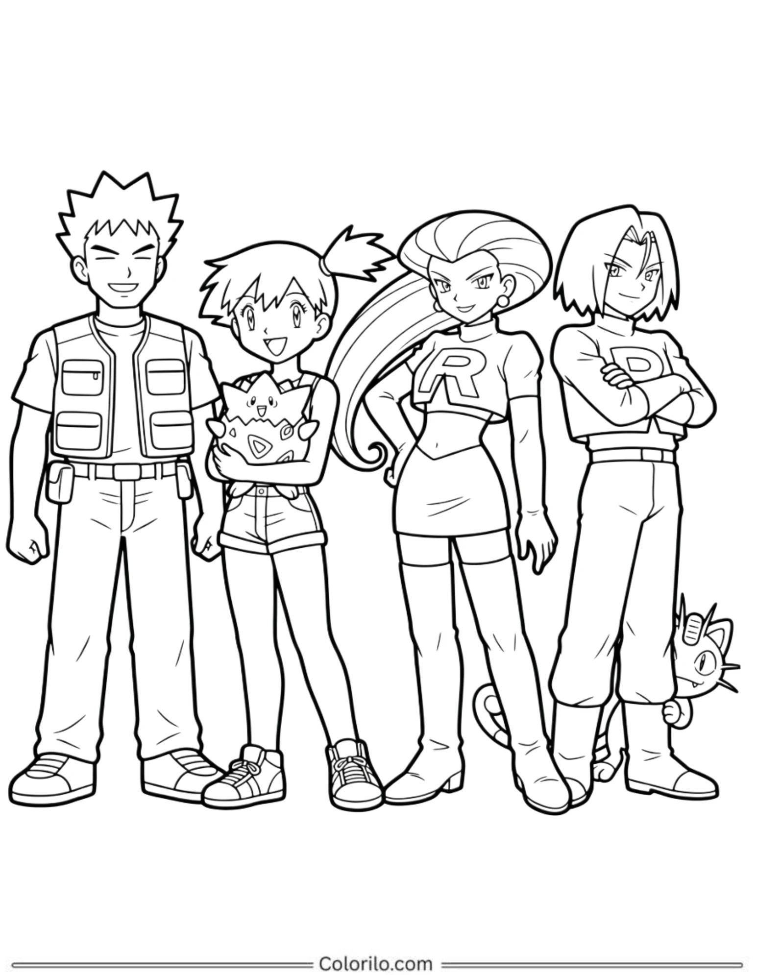 Brock Misty Jessie and James with Pokemon coloring page