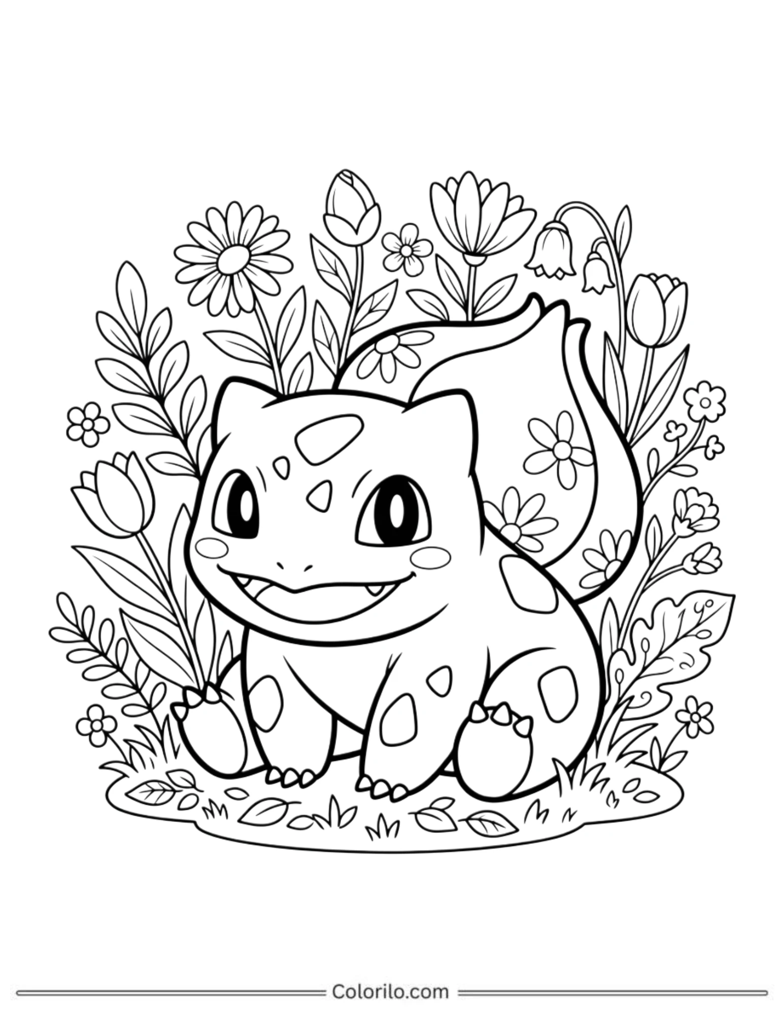 Bulbasaur in flower garden coloring page