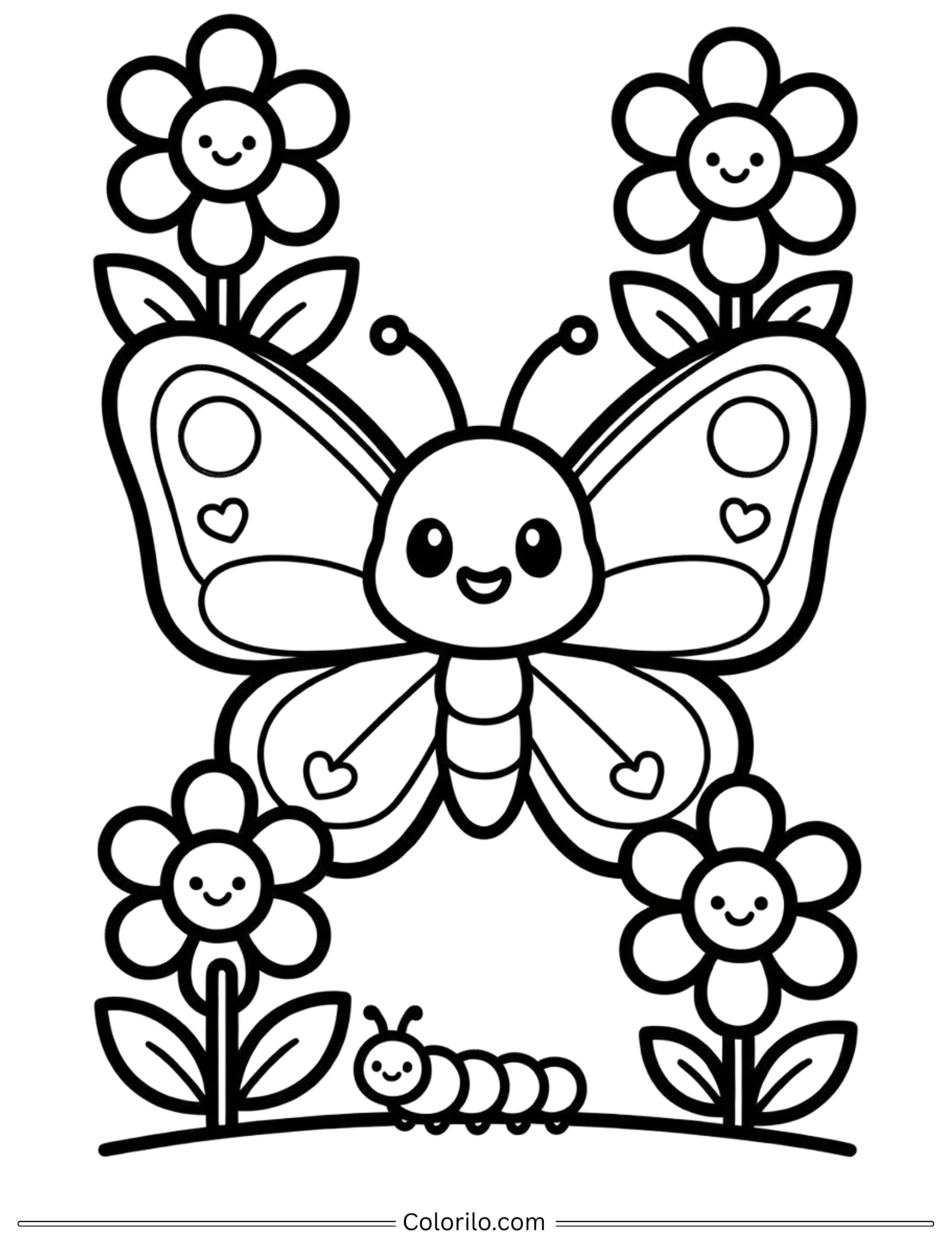Cute butterfly and flowers coloring page for kids