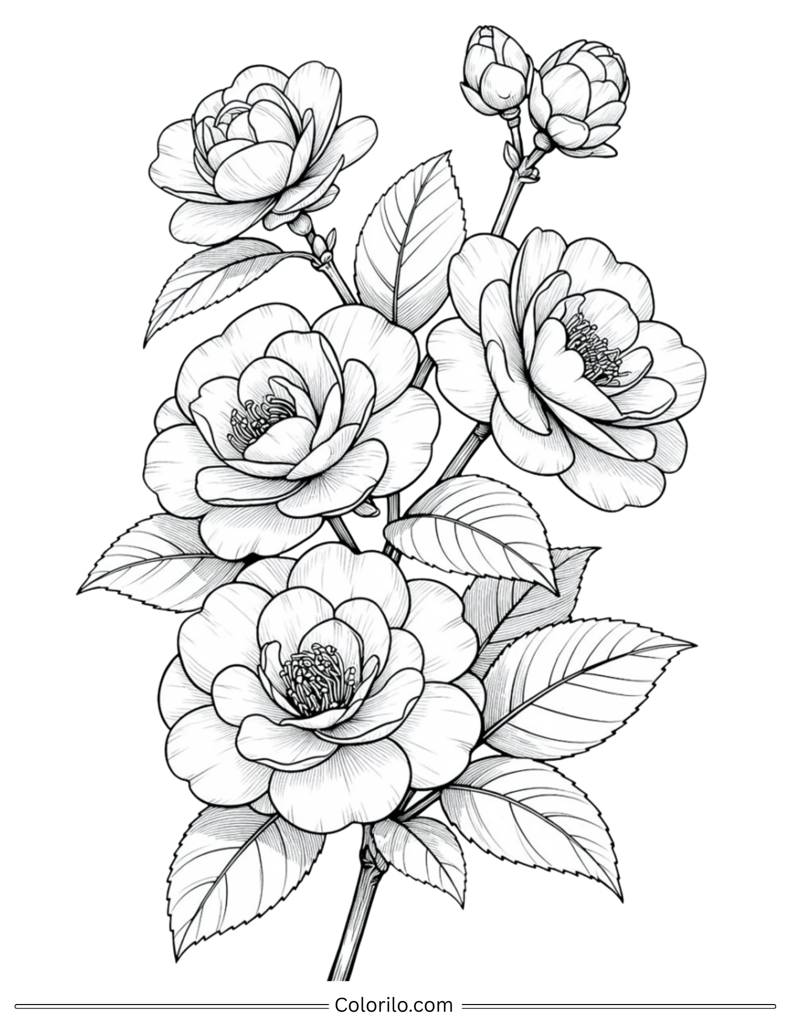 Camellia flowers with buds coloring page