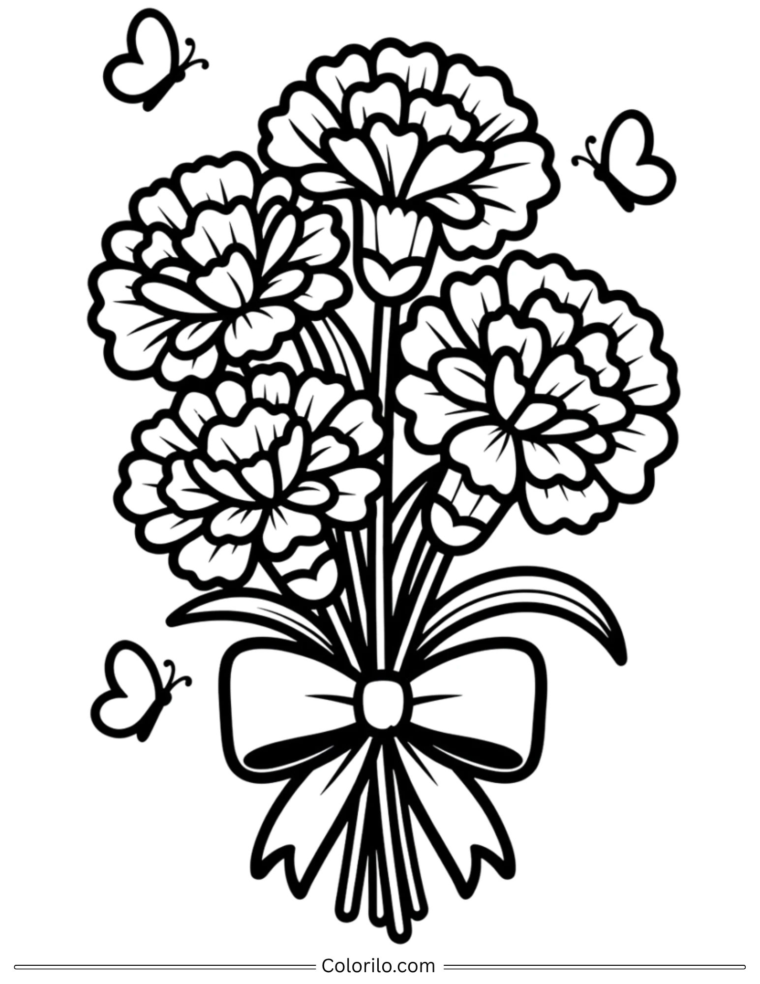 Carnation bouquet with butterflies and bow coloring page