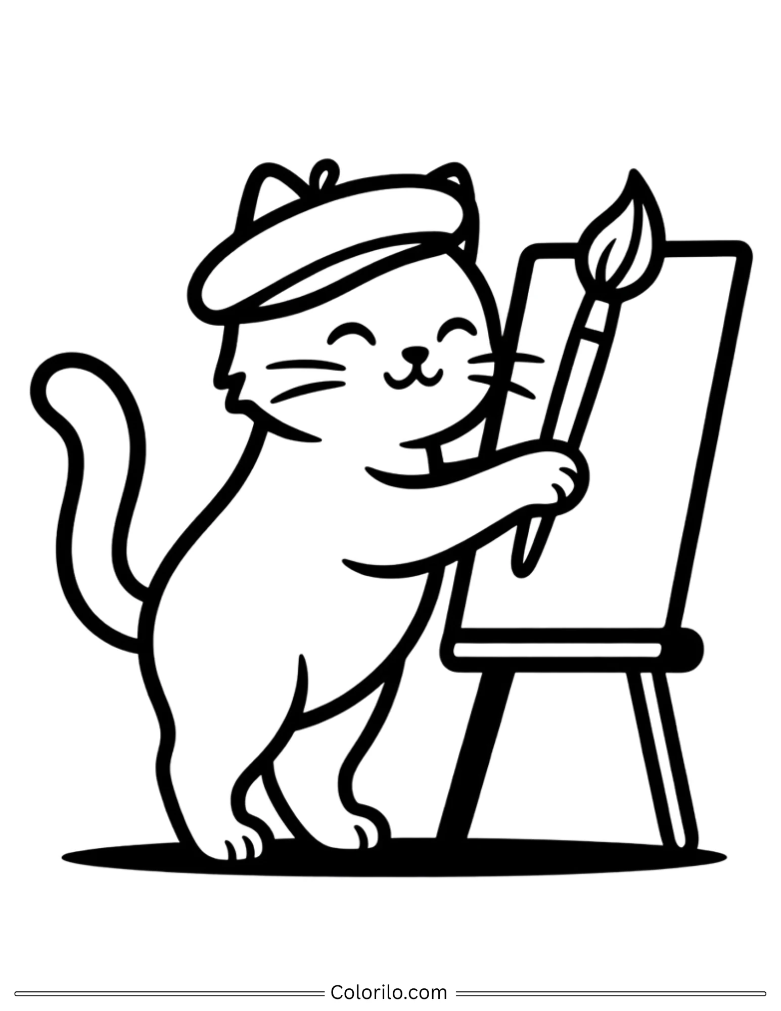 Cat artist with beret painting on canvas easel coloring page
