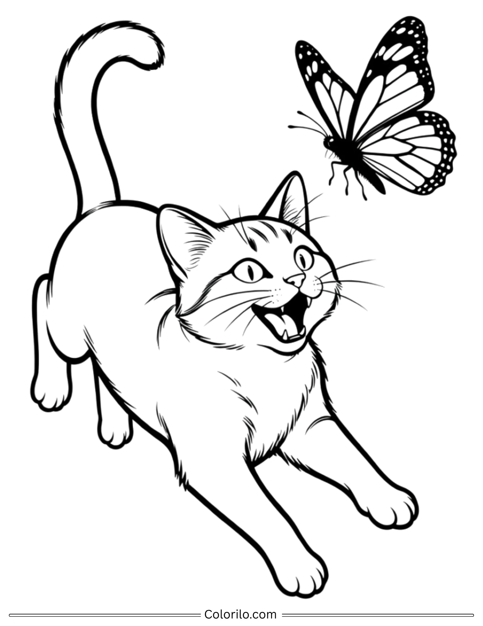 Cat chasing a butterfly with mouth open coloring page
