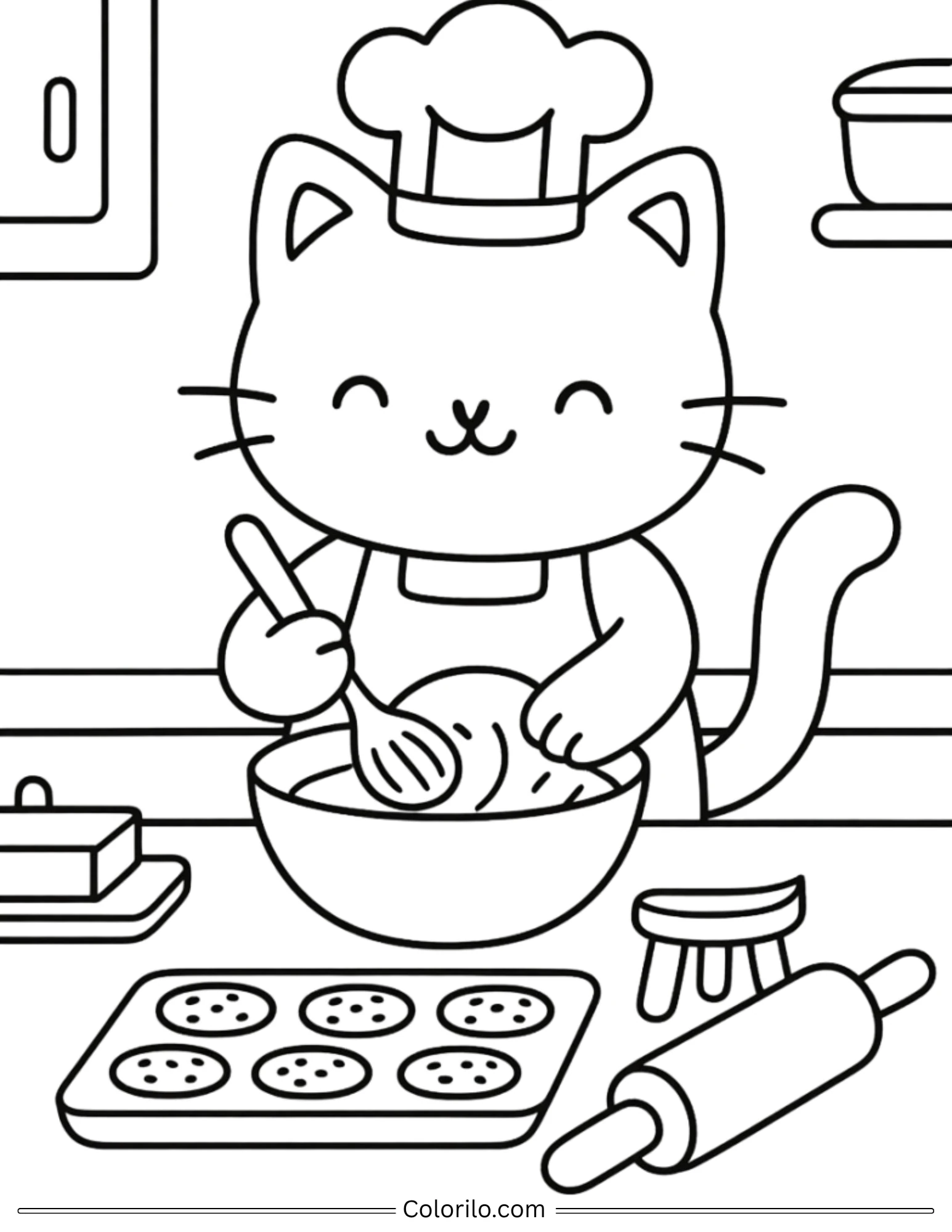 Cat chef baking cookies in kitchen coloring page