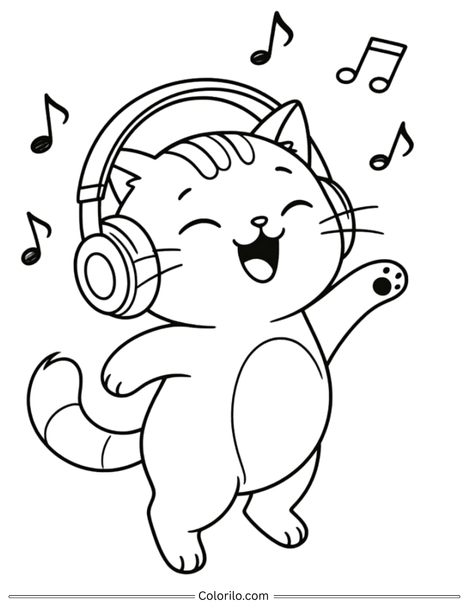 Cat dancing happily while wearing headphones coloring page