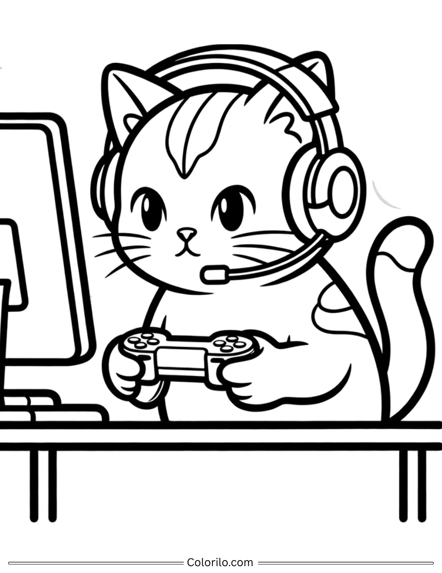 Cat gaming with controller and headset at computer coloring page