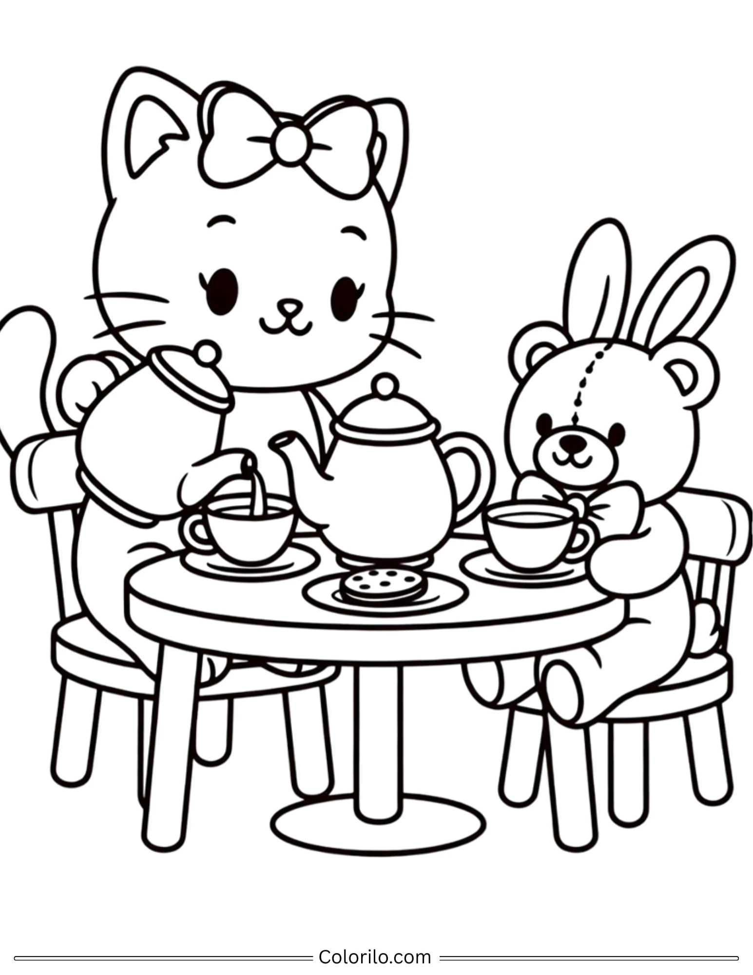 Cat having tea party with teddy bear coloring page