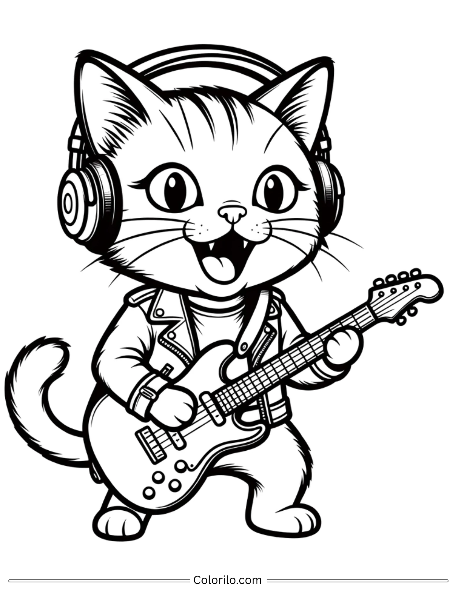 Cat in leather jacket playing electric guitar coloring page