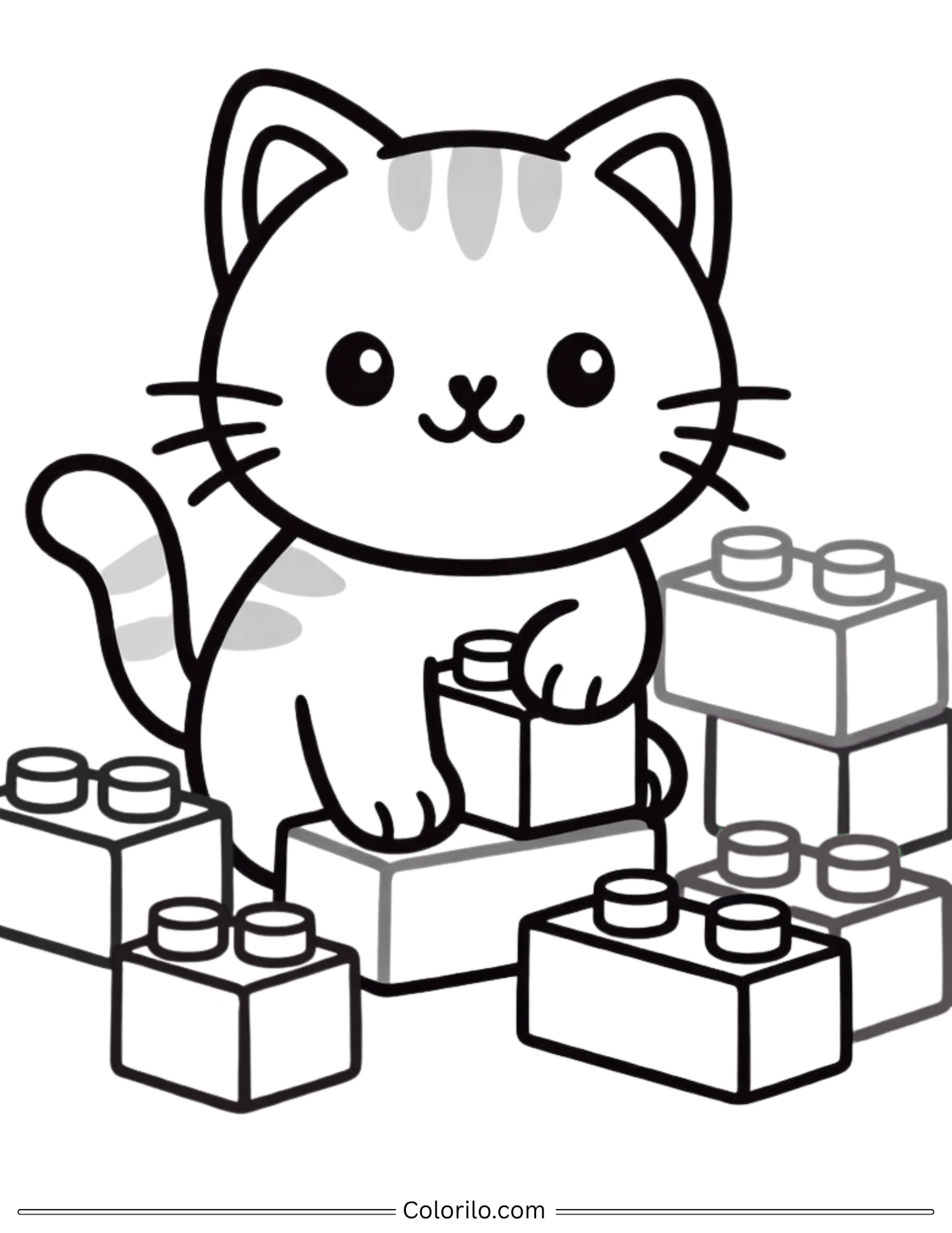 Cat playing with colorful building blocks coloring page