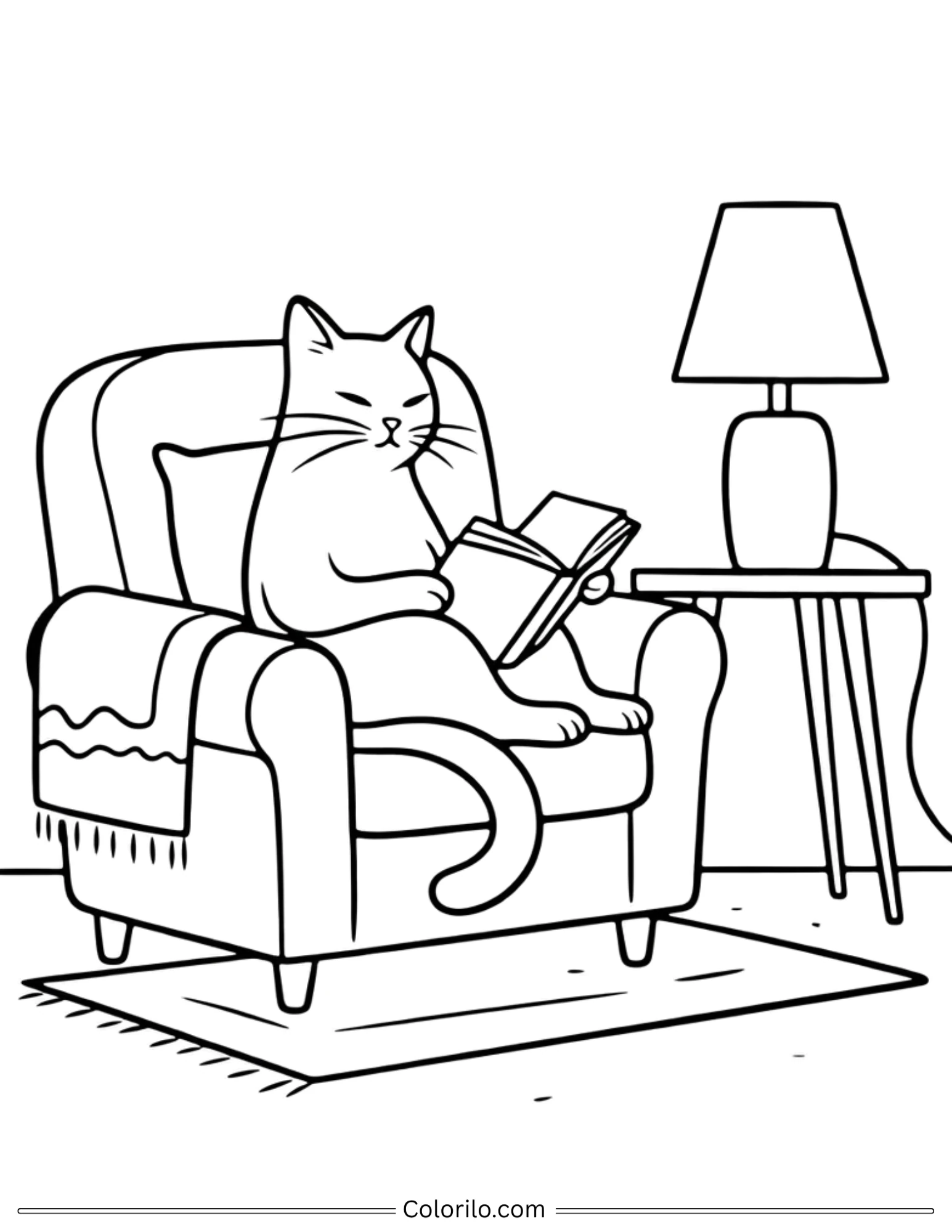 Cat reading a book in armchair by lamp coloring page