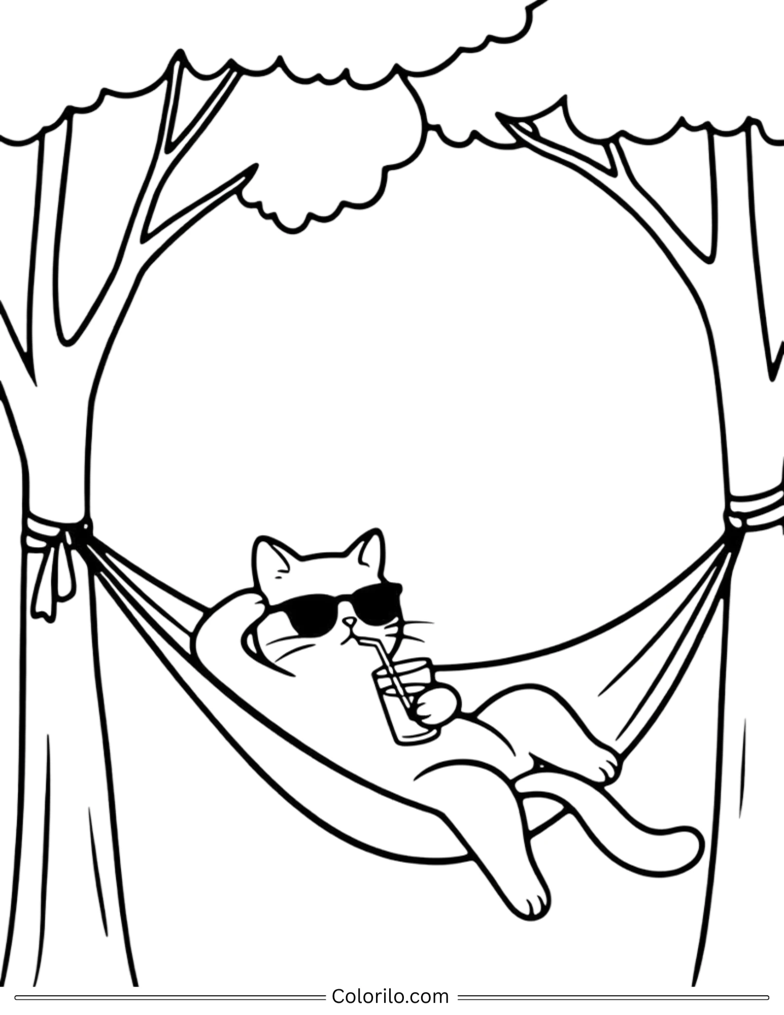 Cat relaxing in hammock with sunglasses and drink coloring page