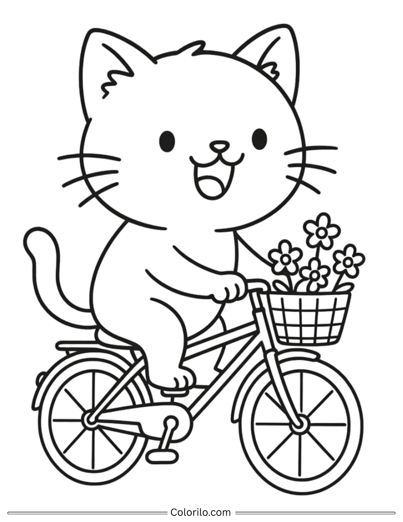 Cat riding bicycle with flower basket coloring page