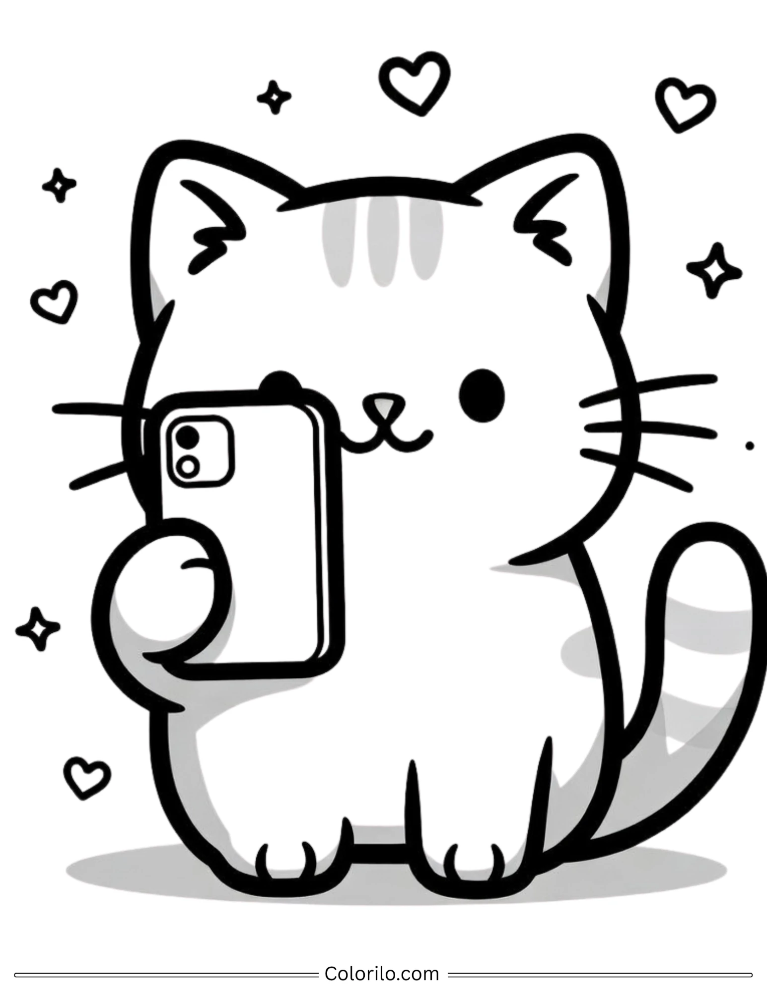 Cute cat taking selfie with smartphone coloring page